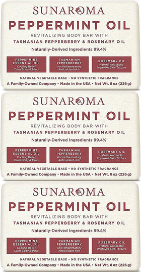 SUNAROMA front packaging of three 8oz peppermint rosemary bars showing eco-friendly labeling and benefits