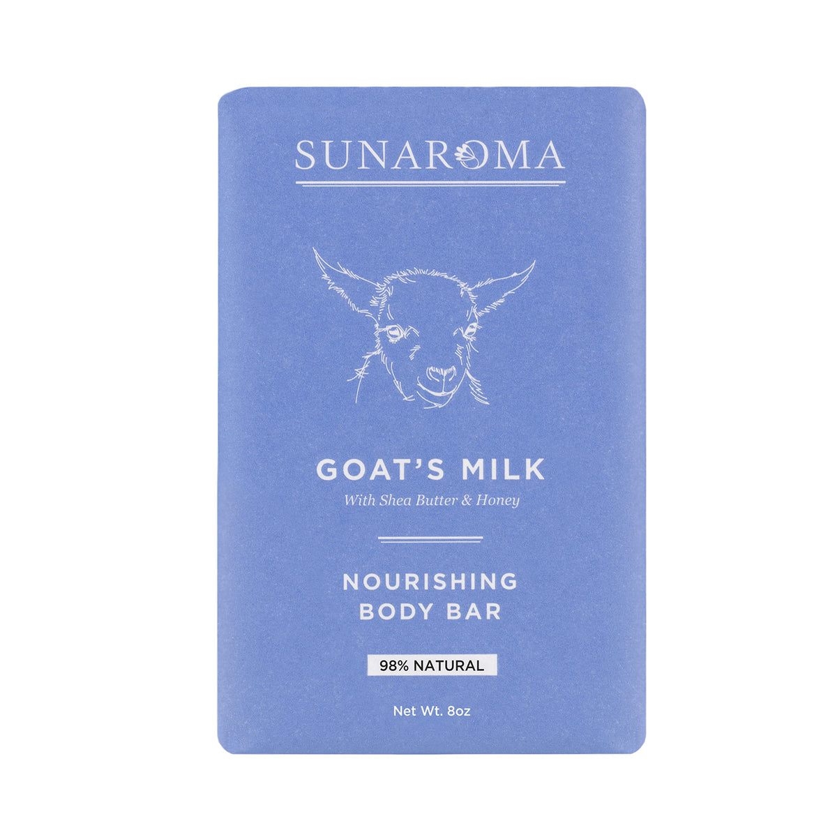 SUNAROMA goat's milk soap front packaging showing six nourishing bars and ingredient clarity