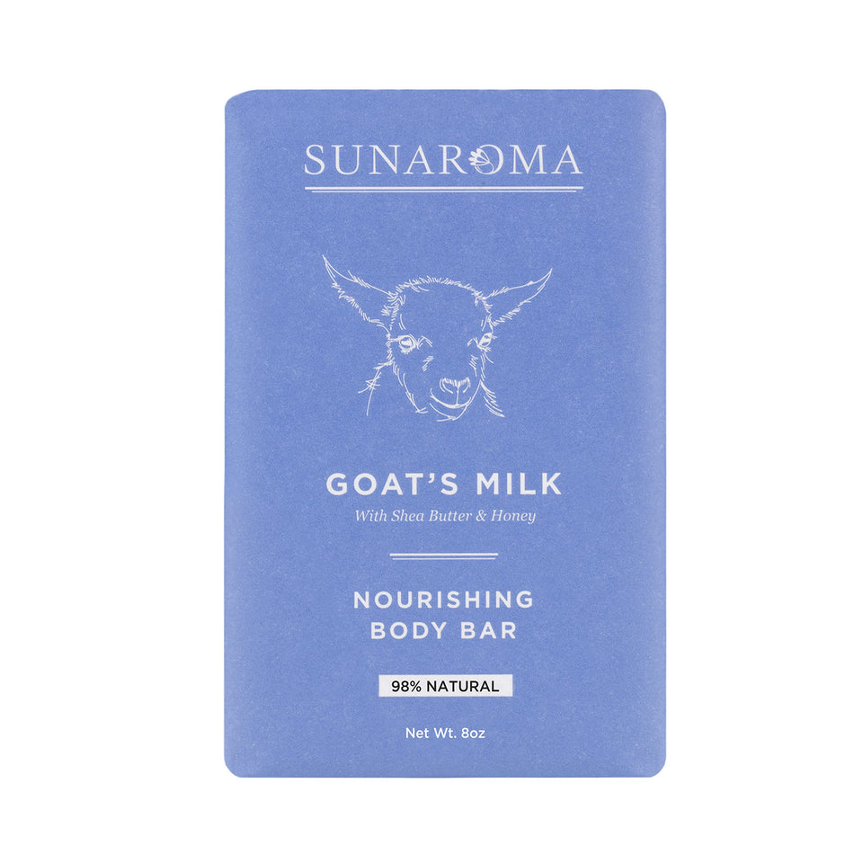 SUNAROMA goat's milk soap front packaging showing six nourishing bars and ingredient clarity
