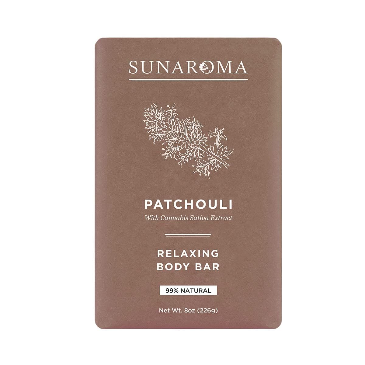 SUNAROMA soap bar front packaging showing patchouli scent and natural ingredients benefit