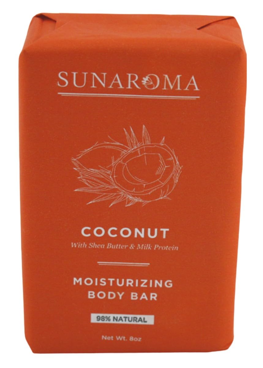 SUNAROMA soap front packaging showing six 8 oz bars and ingredient focus for easy selection