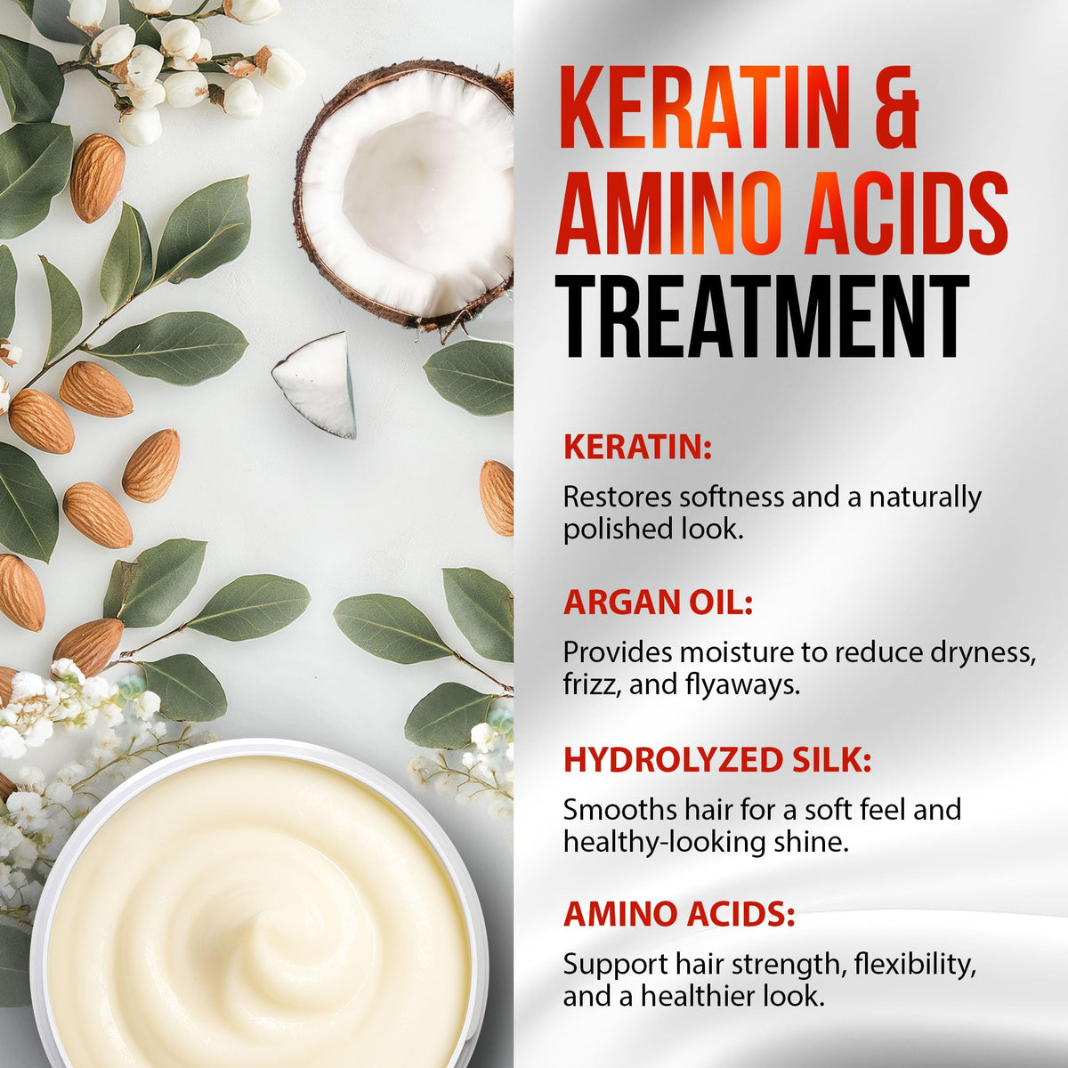 SUNATORIA ingredient label close-up highlighting keratin, silk, argan oil benefits