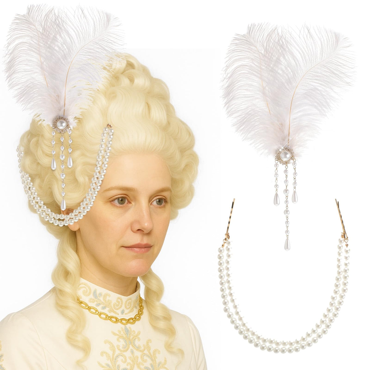 Suncalla front view of both white feather and pearl barrette showcasing elegant set
