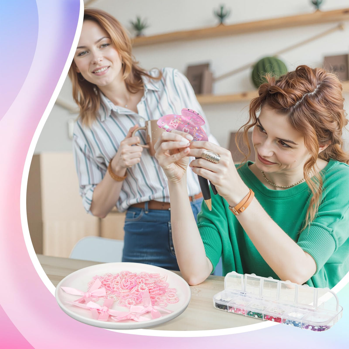Suncalla group crafting session with friends creating custom clips for parties