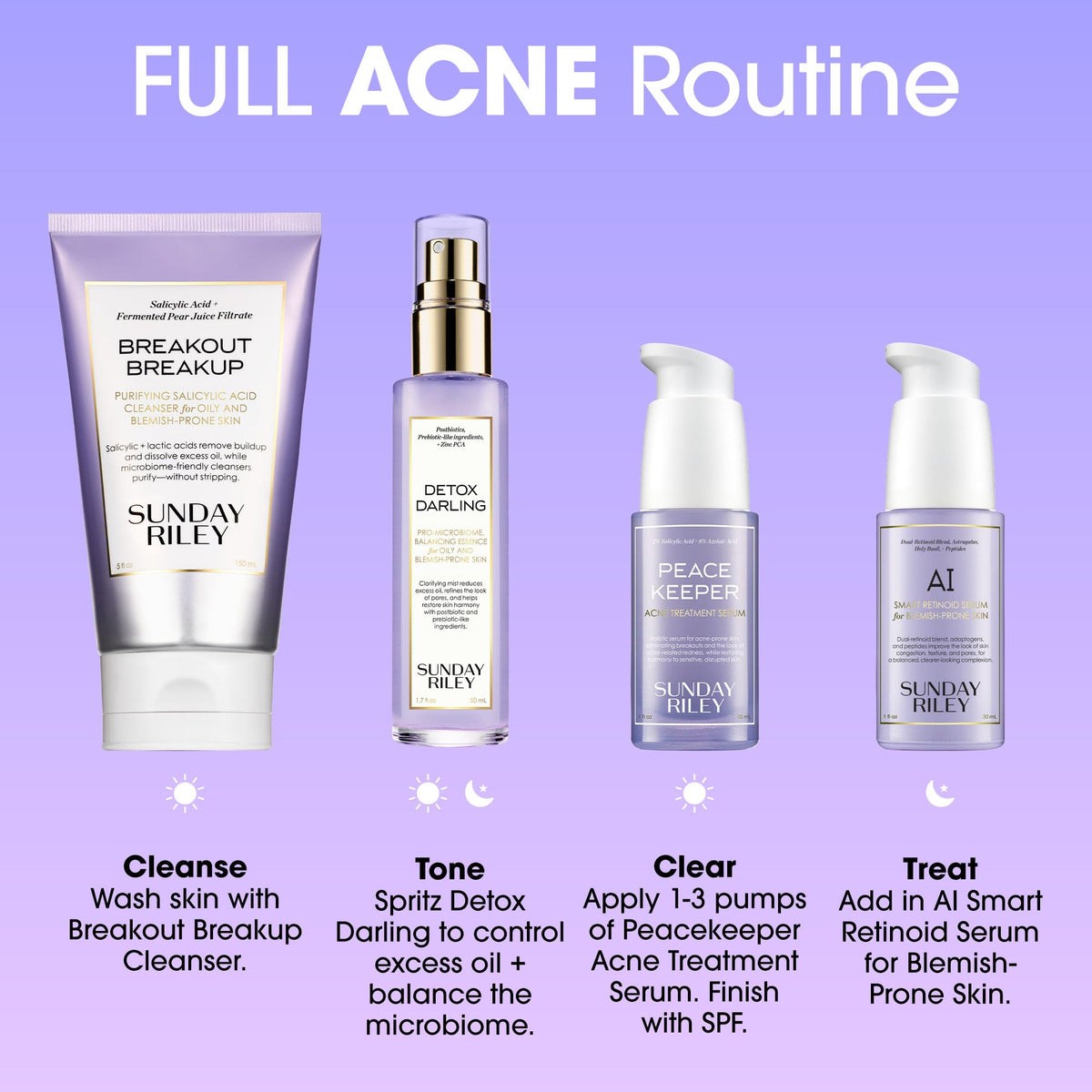 Sunday Riley product next to ingredients label, shows active acids and benefits