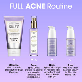 Sunday Riley product next to ingredients label, shows active acids and benefits
