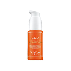 Sunday Riley front packaging showing bottle and label, highlights brightening benefit