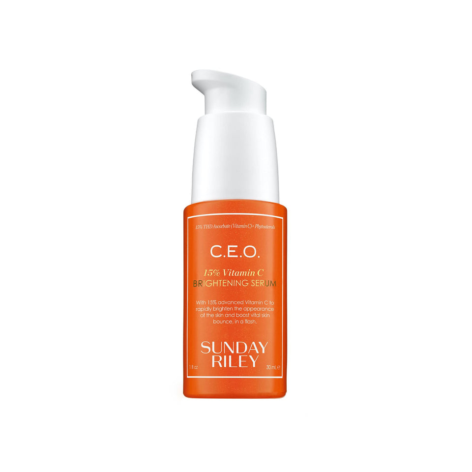Sunday Riley front packaging showing bottle and label, highlights brightening benefit