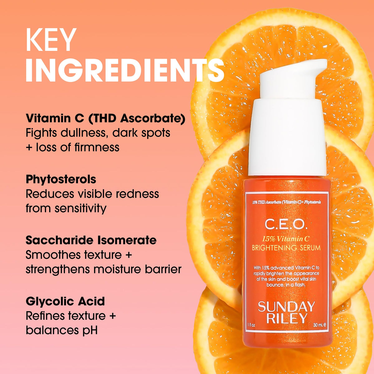 Sunday Riley bottle next to common objects showing 1.0 fl oz scale and travel-ready benefit