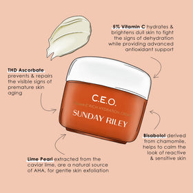 Sunday Riley C.E.O. jar staged in bathroom setting illustrating daily skincare use
