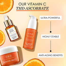 Sunday Riley C.E.O. label close-up highlighting active THD ascorbate ingredient benefits