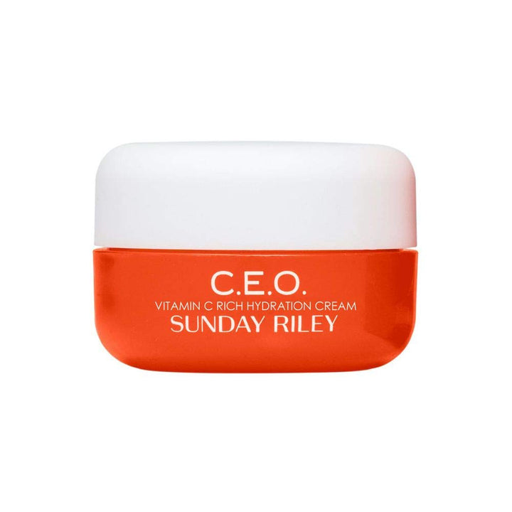 Sunday Riley C.E.O. front packaging showing jar and label benefits