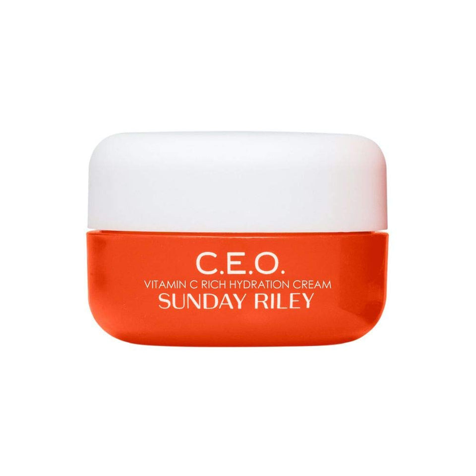 Sunday Riley C.E.O. front packaging showing jar and label benefits