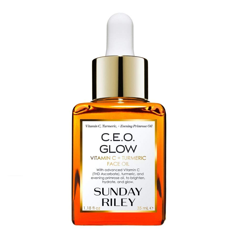 Sunday Riley bottle front packaging showing elegant glow finish benefit