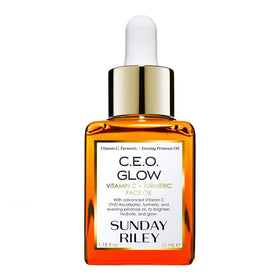 Sunday Riley bottle front packaging showing elegant glow finish benefit