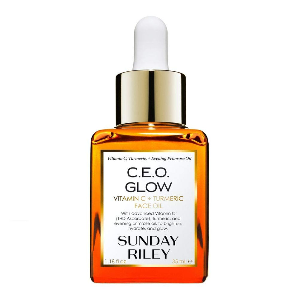 Sunday Riley bottle front packaging showing elegant glow finish benefit