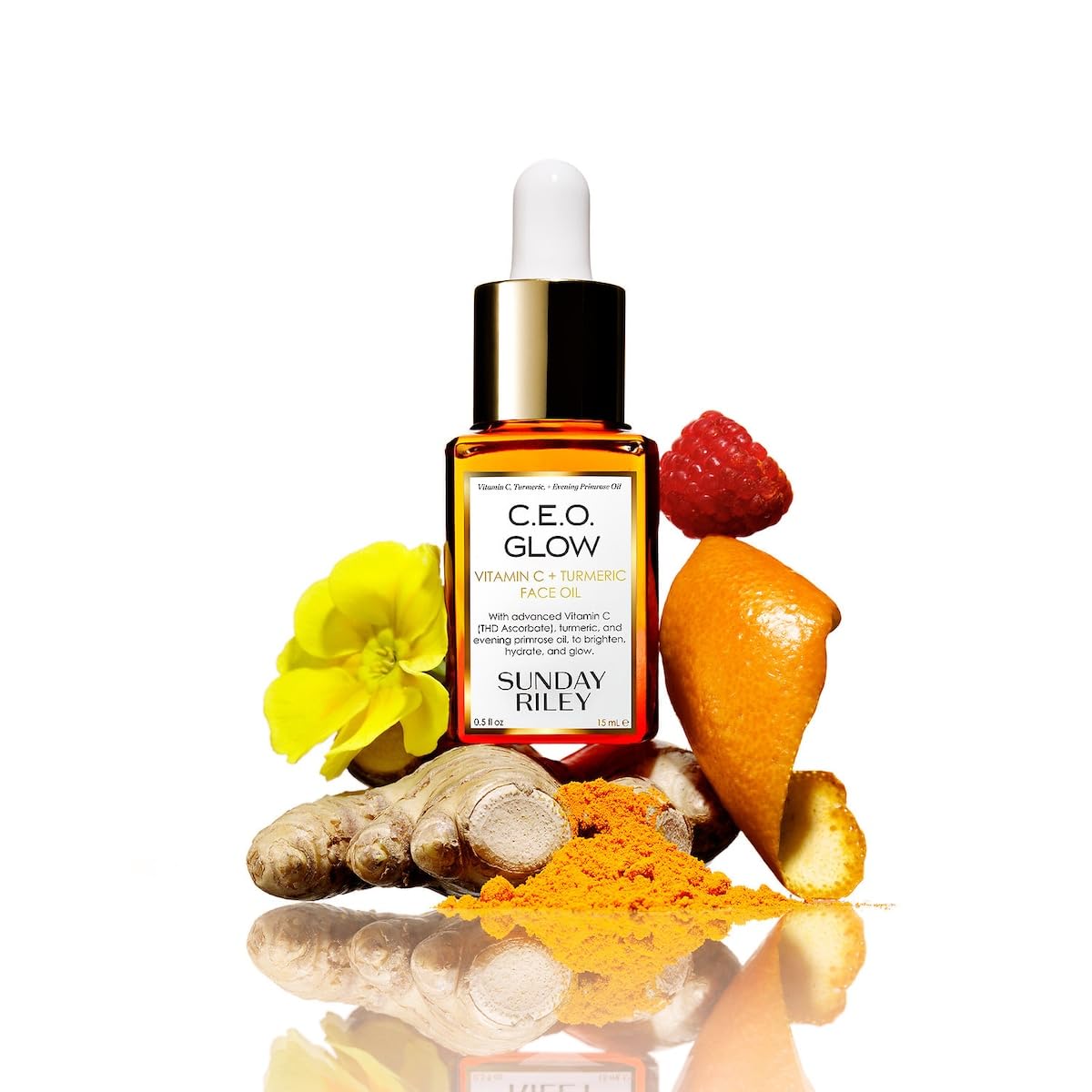 Sunday Riley label closeup showing vitamin C and turmeric benefits