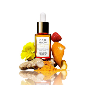 Sunday Riley label closeup showing vitamin C and turmeric benefits