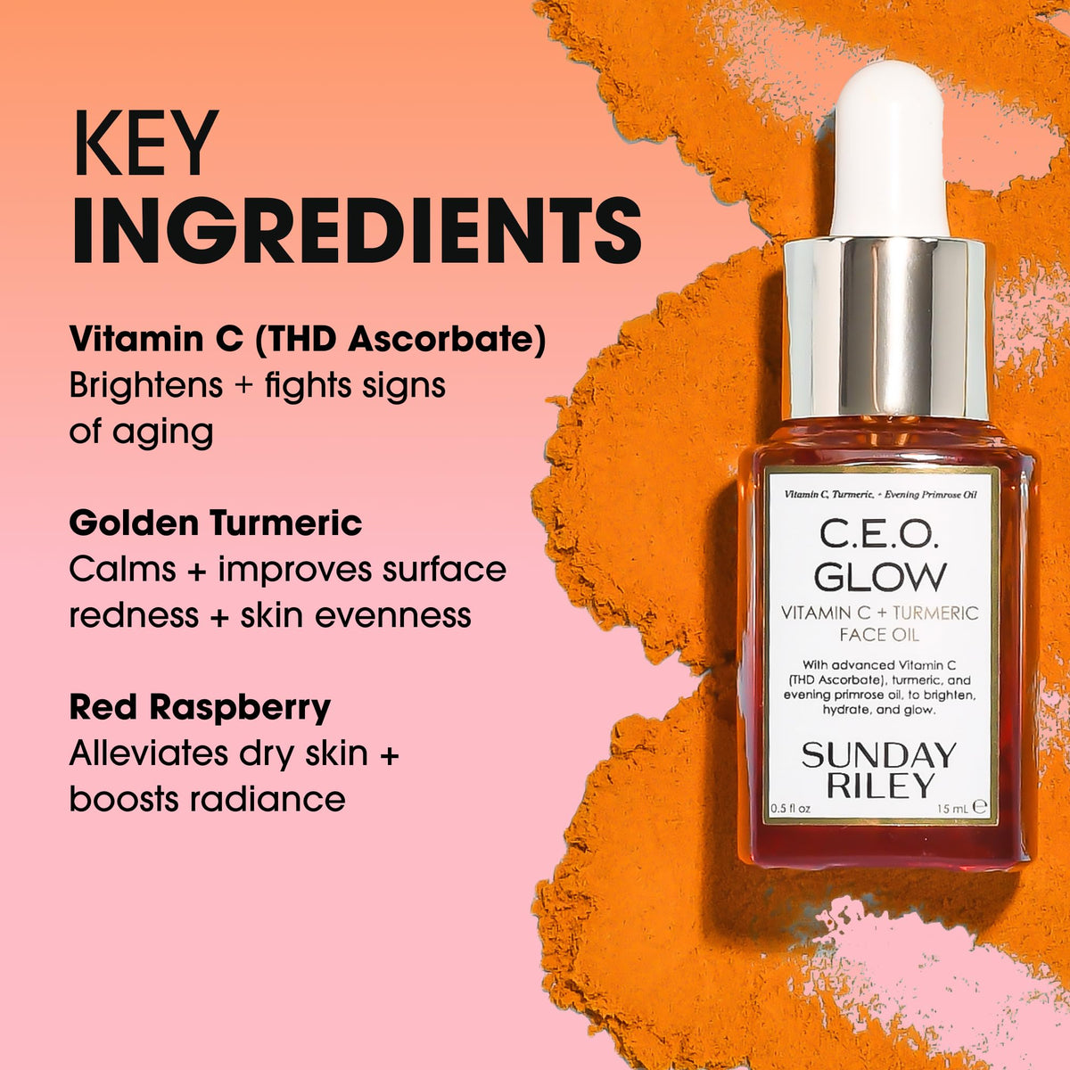 Sunday Riley C.E.O. Glow size comparison next to a coin showing convenient 0.5 fl oz travel-friendly size