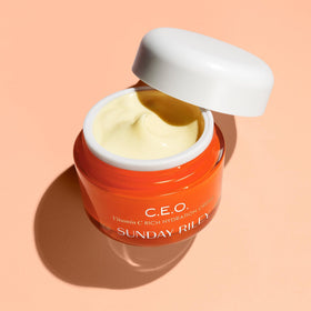 Sunday Riley C.E.O. open jar showing cream color and nourishing look
