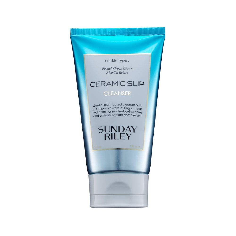 sunday riley Ceramic Slip front packaging showing bottle and label benefits