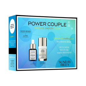 Both products used during evening routine on vanity, showing Sunday Riley duo delivering overnight renewal