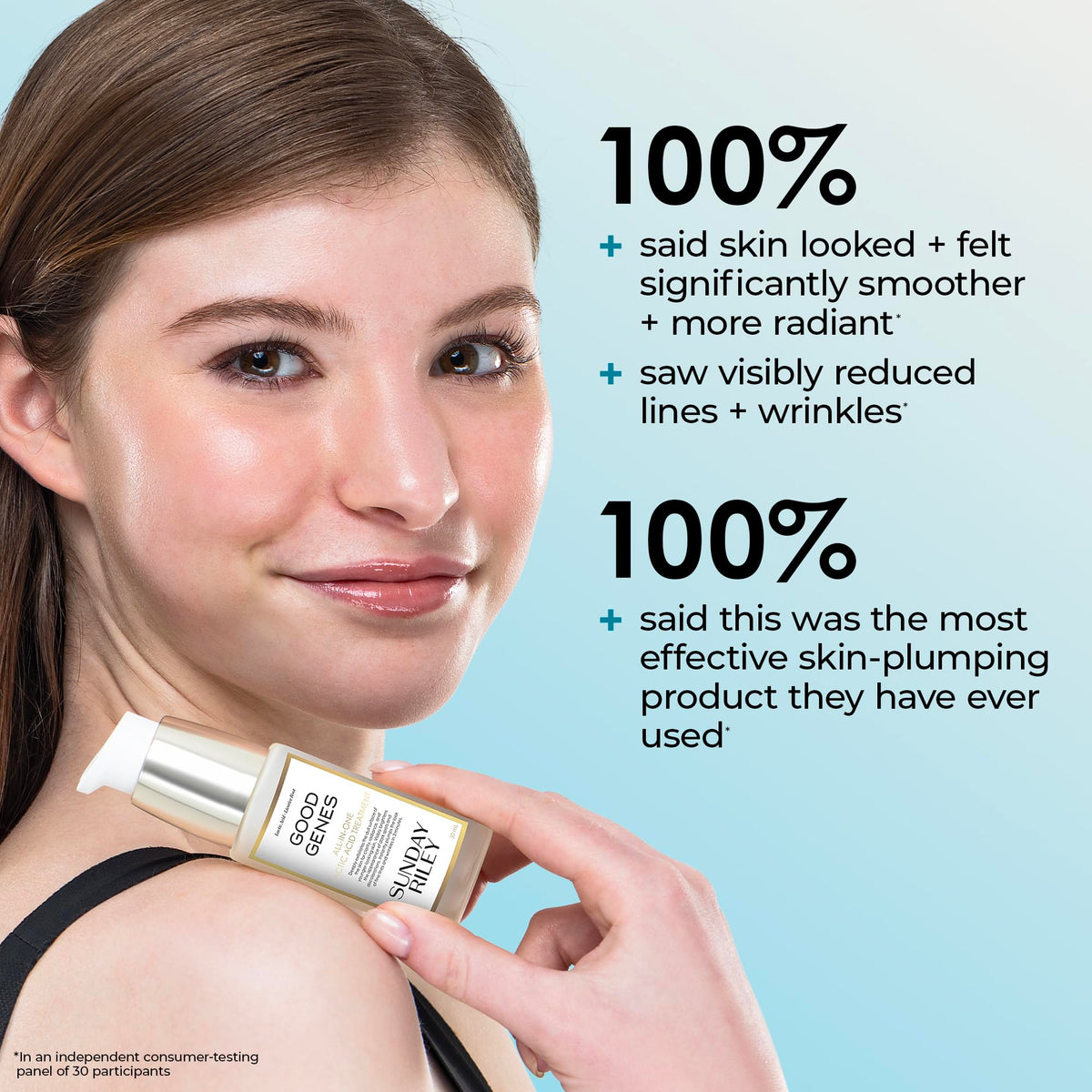 Sunday Riley Good Genes serum applied to model skin demonstrating instant radiance