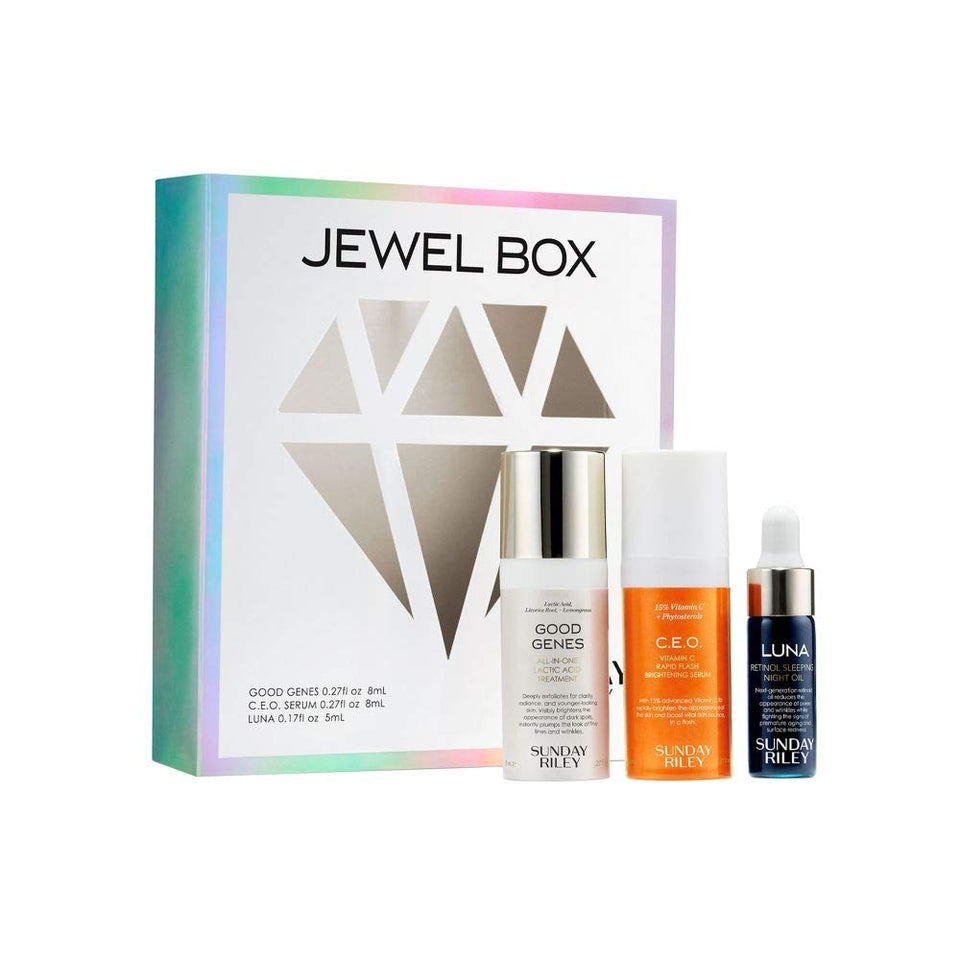 Sunday Riley front packaging showing the Jewel Box kit and elegant presentation