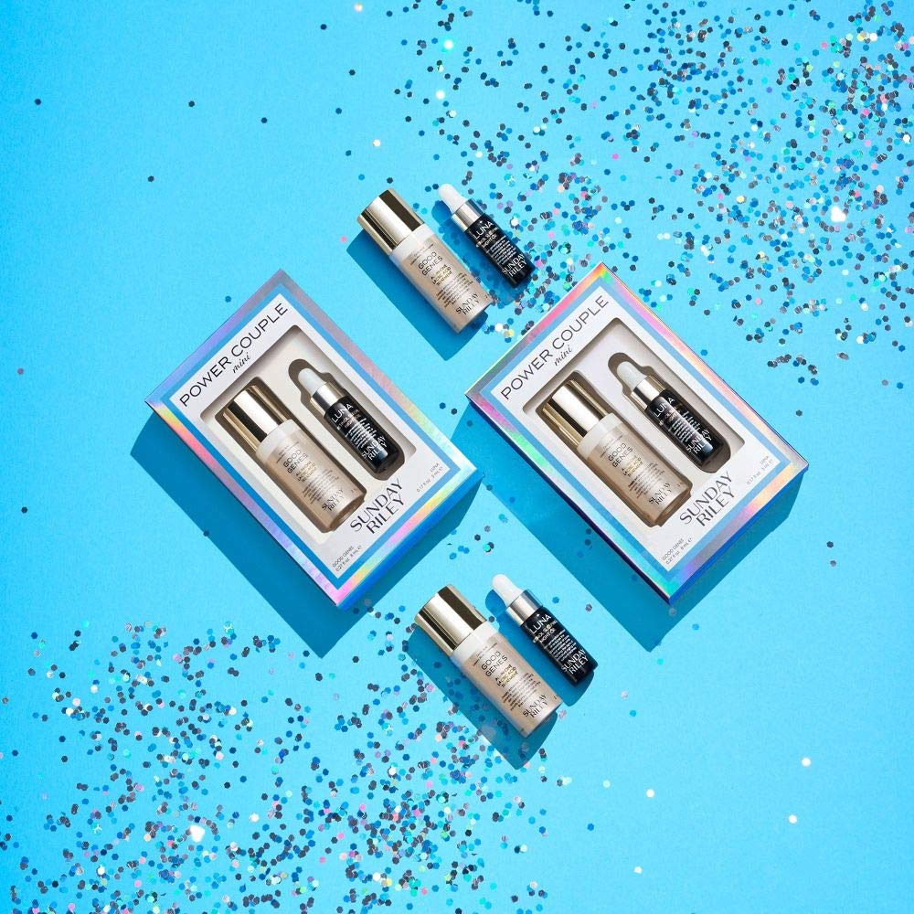 Sunday Riley duo styled on bathroom vanity to show travel-ready routine benefit