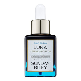 Sunday Riley Luna front bottle on white, shows packaging and benefits