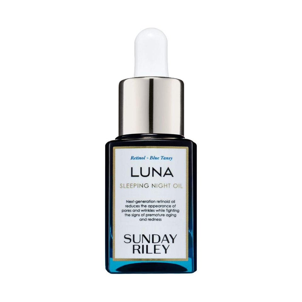 Sunday Riley bottle front packaging shows label and luxe bottle, highlighting brand reliability