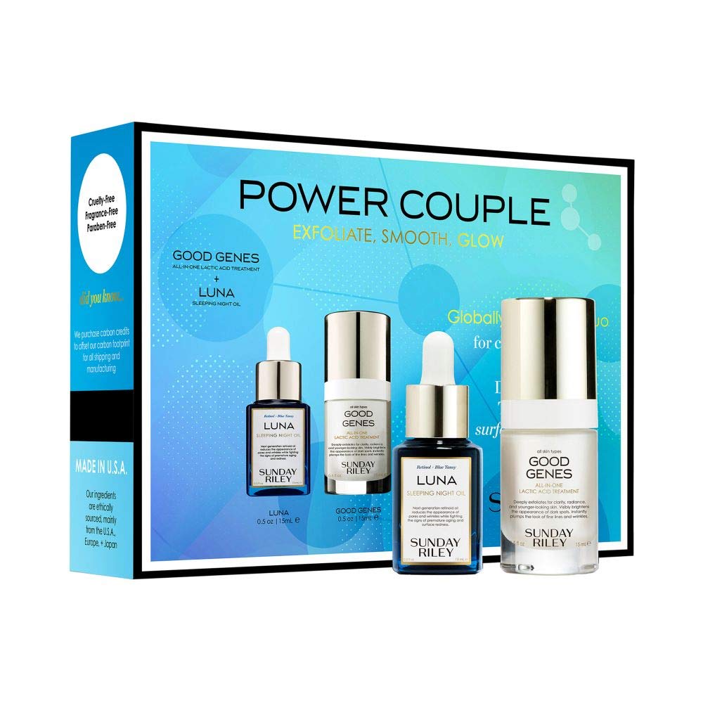 Sunday Riley Power Couple Kit front packaging showing both travel-size bottles and labels, convenient for travel