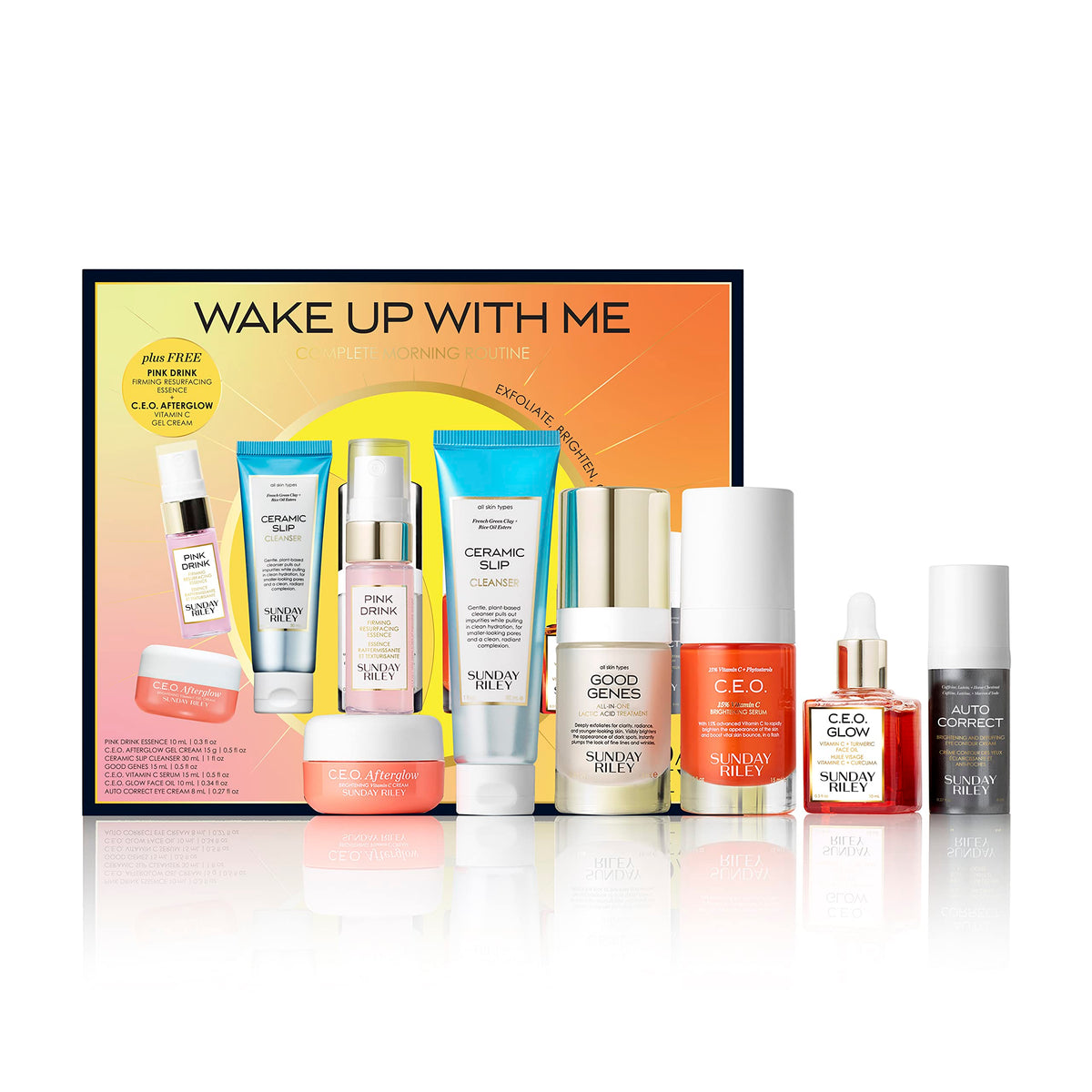 Sunday Riley front packaging showing set components for an organized morning routine