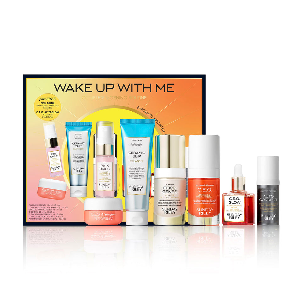 Sunday Riley front packaging showing set components for an organized morning routine