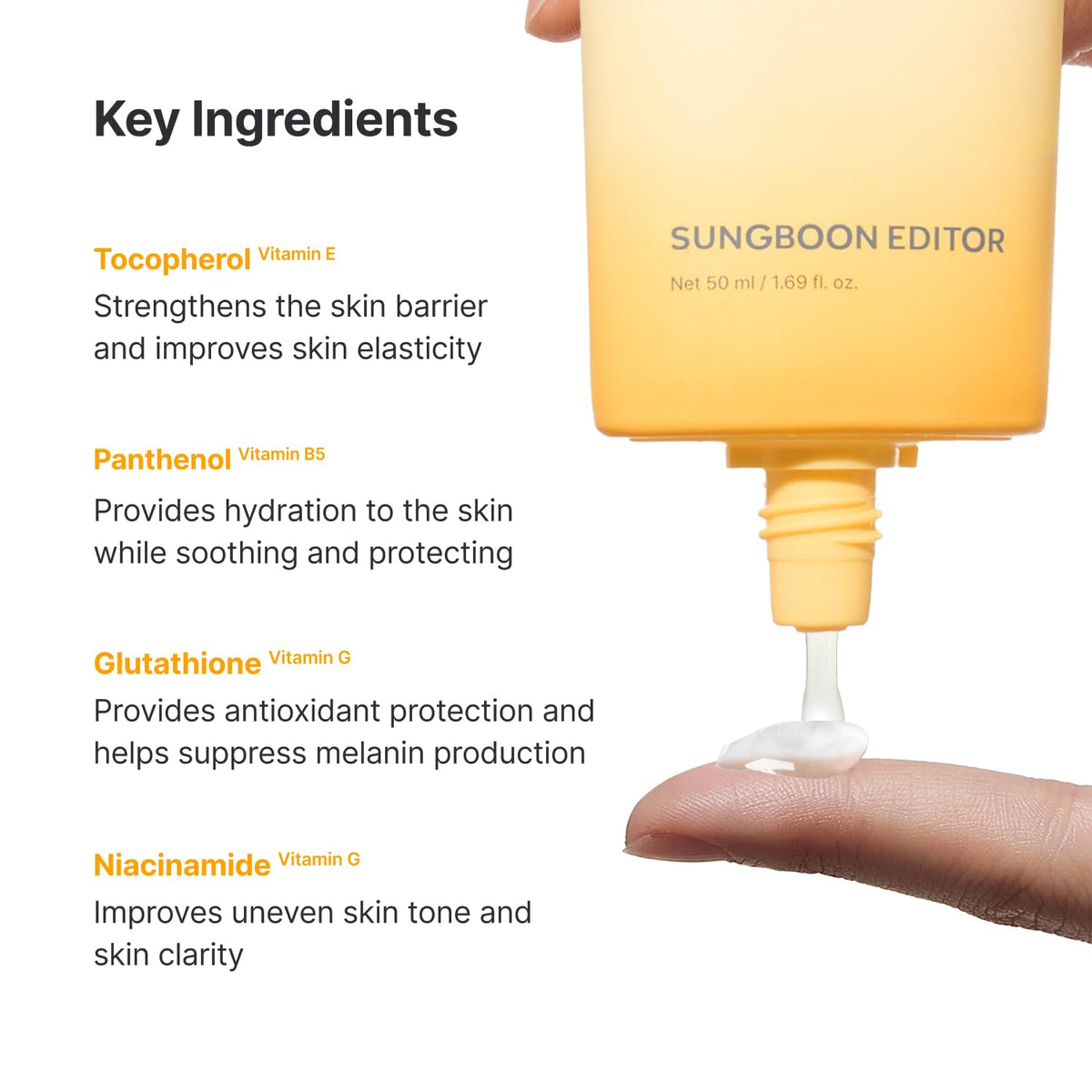 SUNGBOON EDITOR ingredient label close-up showing niacinamide and panthenol