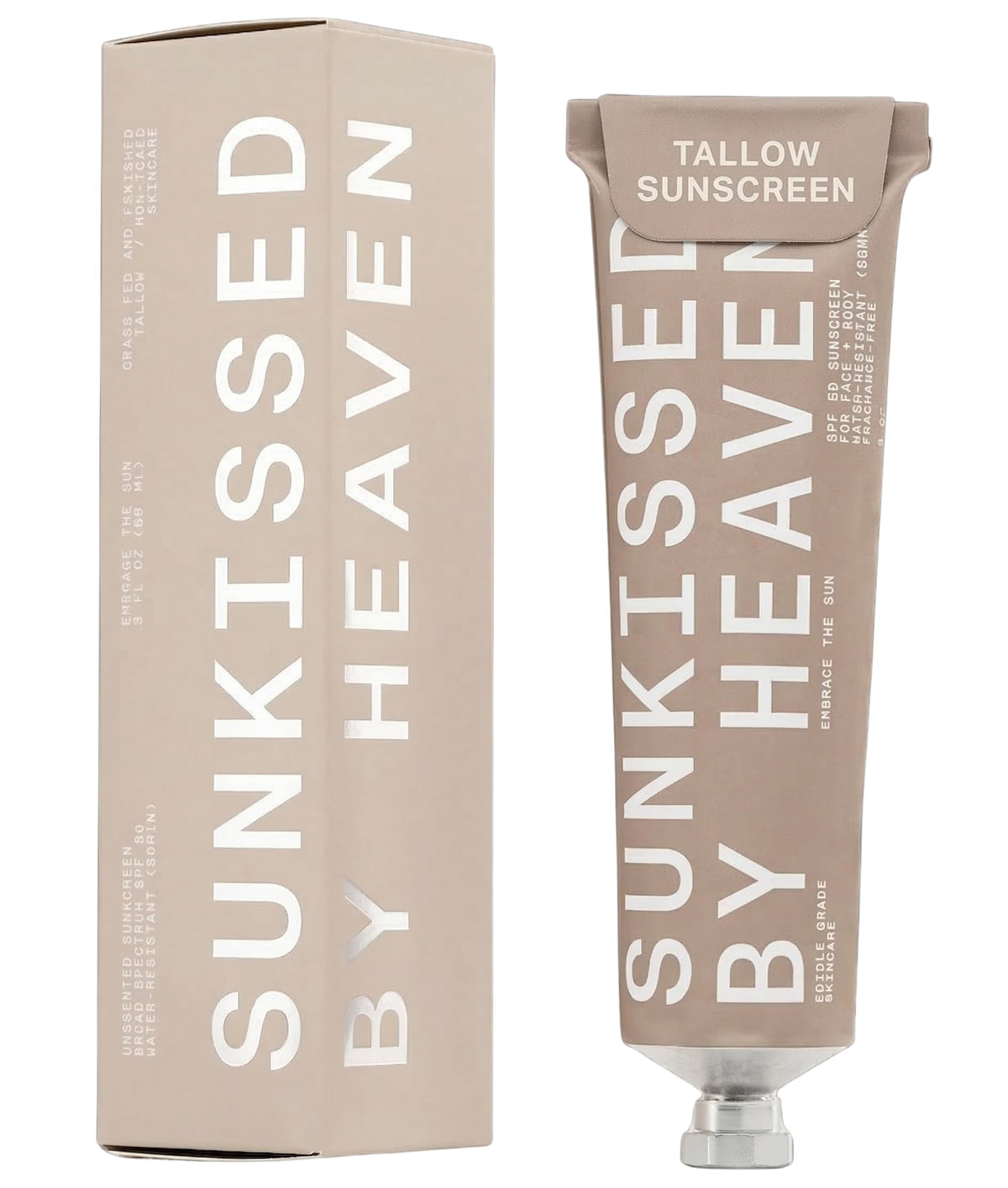 Sunkissed By Heaven front packaging showing SPF 50 and benefits
