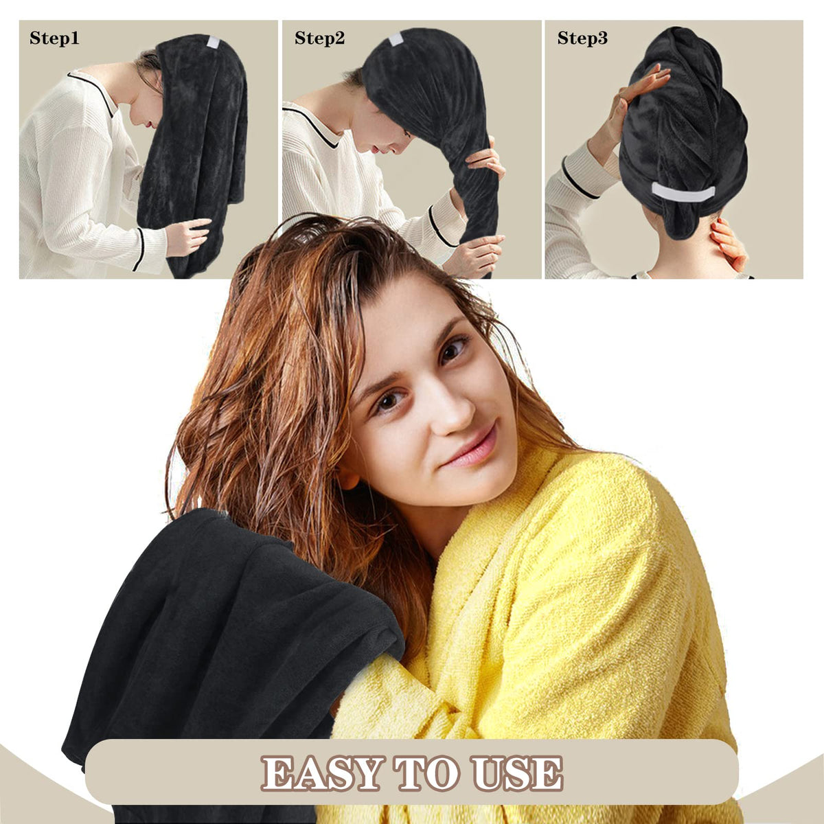 SUNLAND towel wrapped as turban on model showing secure hands-free drying benefit