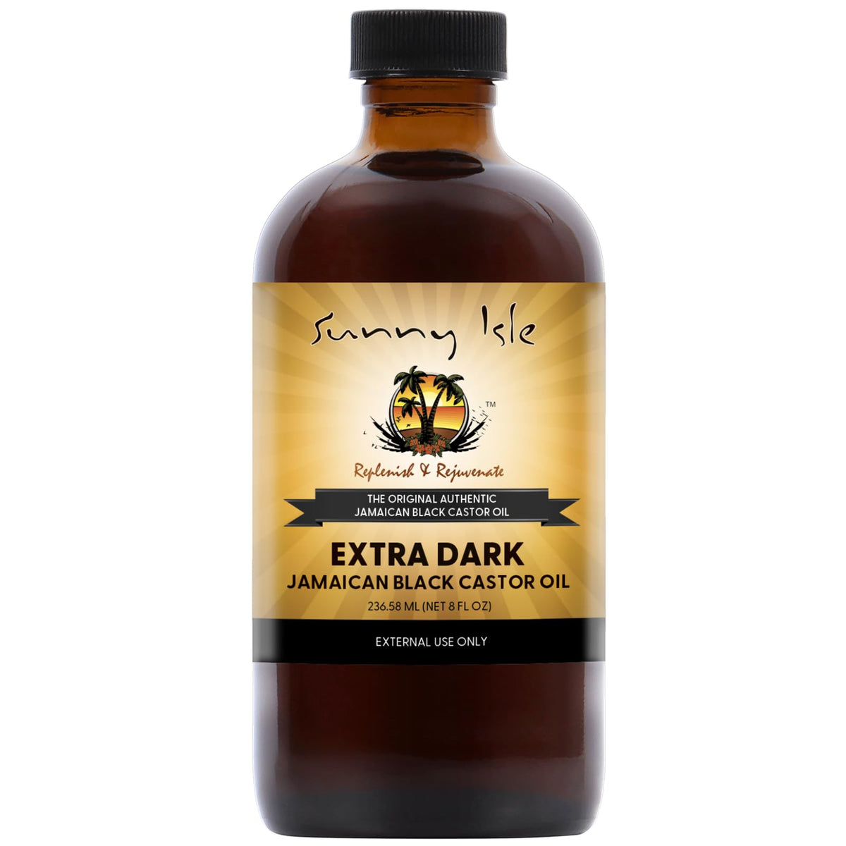 Sunny Isle bottle front view showing extra dark JBCO and product benefit