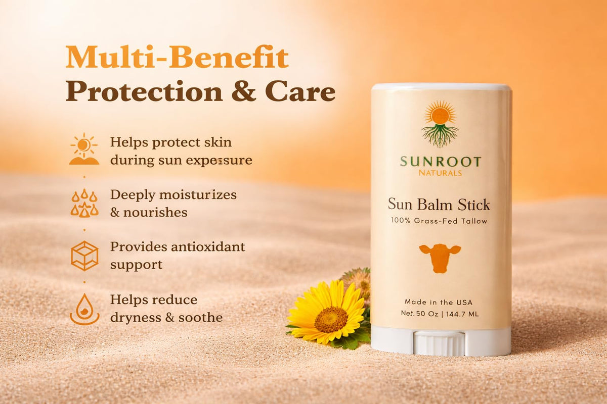 Sunroot Naturals balm texture close-up highlighting nourishing grass-fed tallow