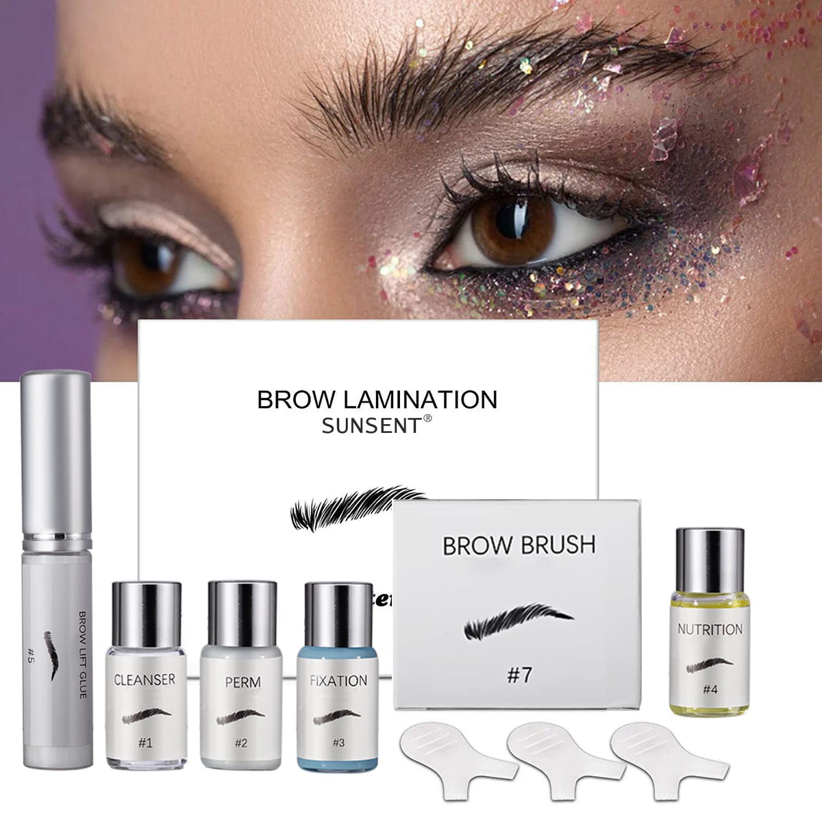 SUNSENT lifestyle model wearing laminated brows for camera-ready finish