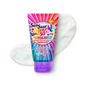 Sunshine & Glitter front tube showing Sea Star Sparkle label and SPF 50 benefits