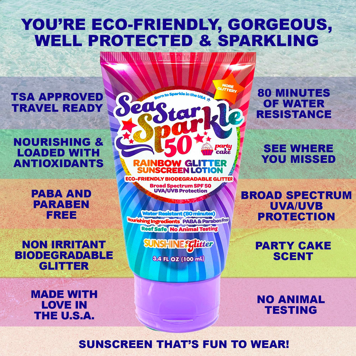 Sunshine & Glitter product label and ingredient list emphasizing vegan formulation