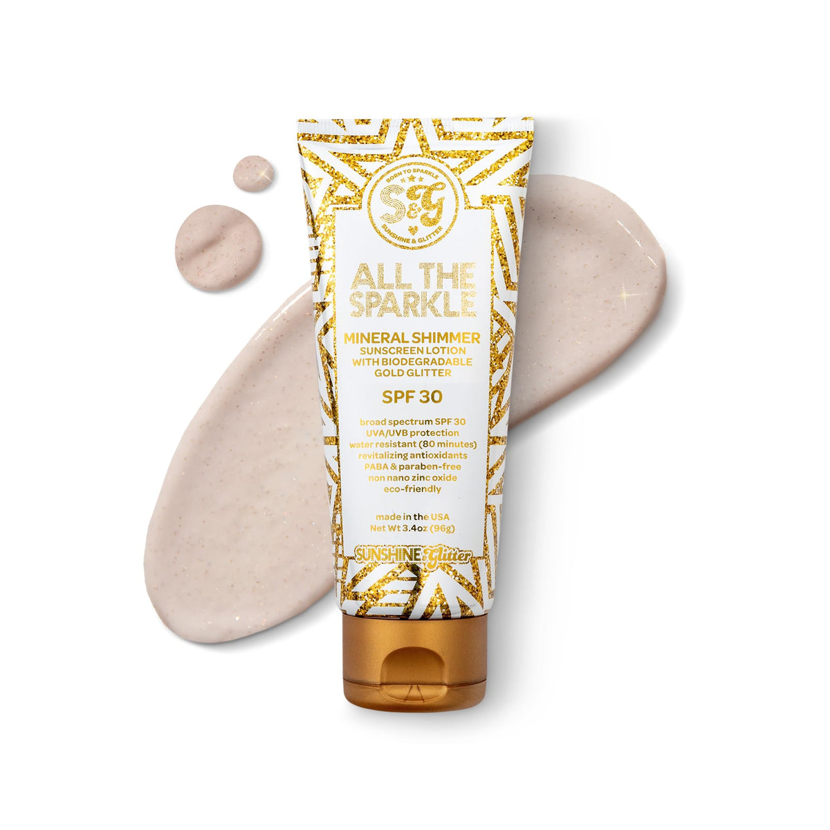 Sunshine & Glitter front packaging showing SPF 30 and shimmer benefit