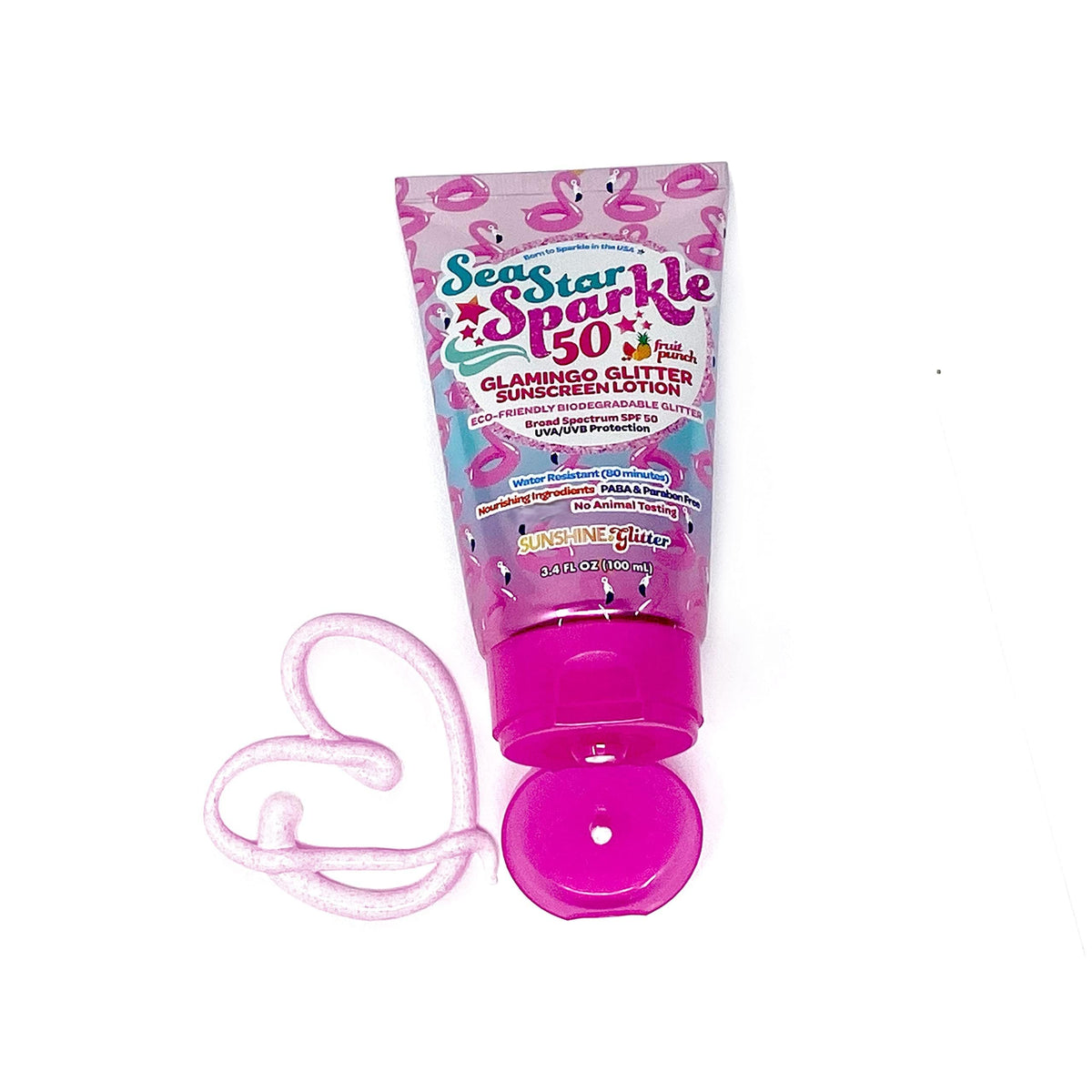 Sunshine & Glitter front packaging showing SPF 50 and glitter for fun protection