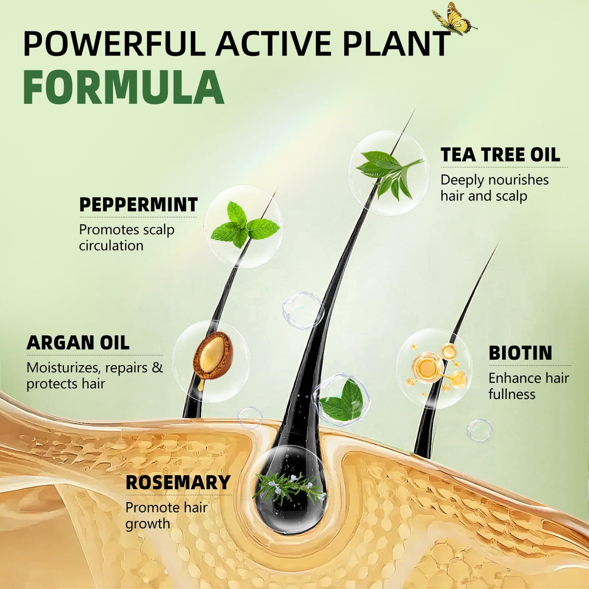Sunspeak label closeup showing rosemary, mint, tea tree and biotin benefits