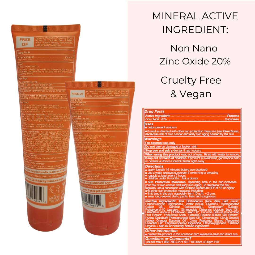 Suntegrity label detail highlighting 20% zinc oxide and ingredients