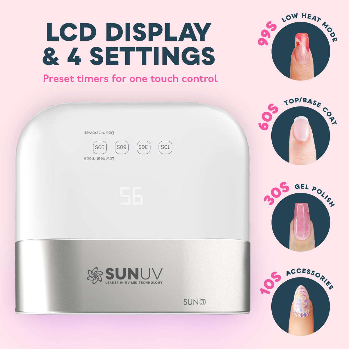 SUNUV SUN3 low-heat mode indicator showing gradual power for comfort