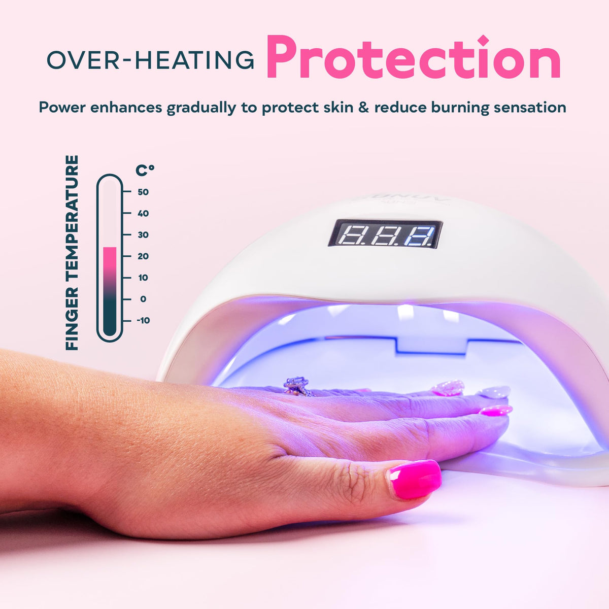 SUNUV SUN5Plus low-heat mode lights glowing softer to reduce nail discomfort benefit