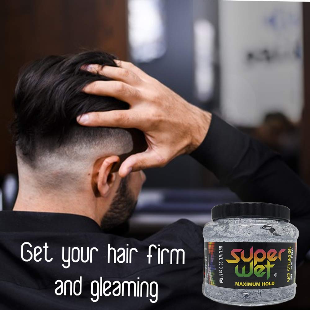 Model wearing styled hair using Super gel for sleek, long-lasting finish