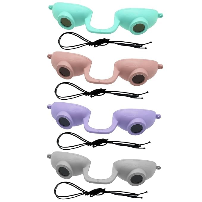 Super Sunnies front view of 4-pack showing compact protective goggles and convenience